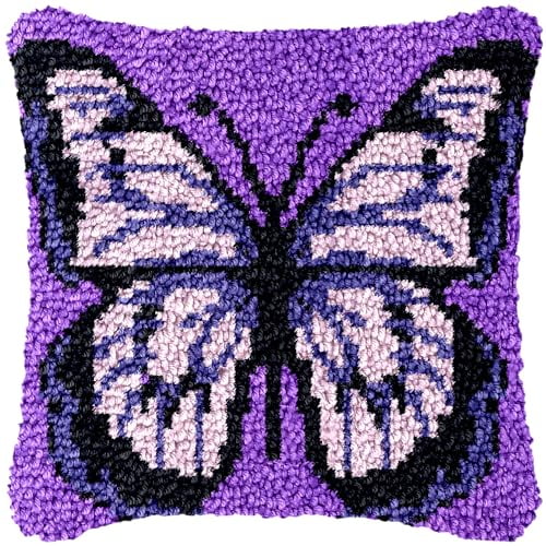 Purple Butterfly DIY Latch Hook Pillow Kit for Adults Throw Pillow Cover with Printed Canvas Crochet Yarn Needle Craft Easy Handmade Cushion for Home Sofa Decoration 43x43cm(4)