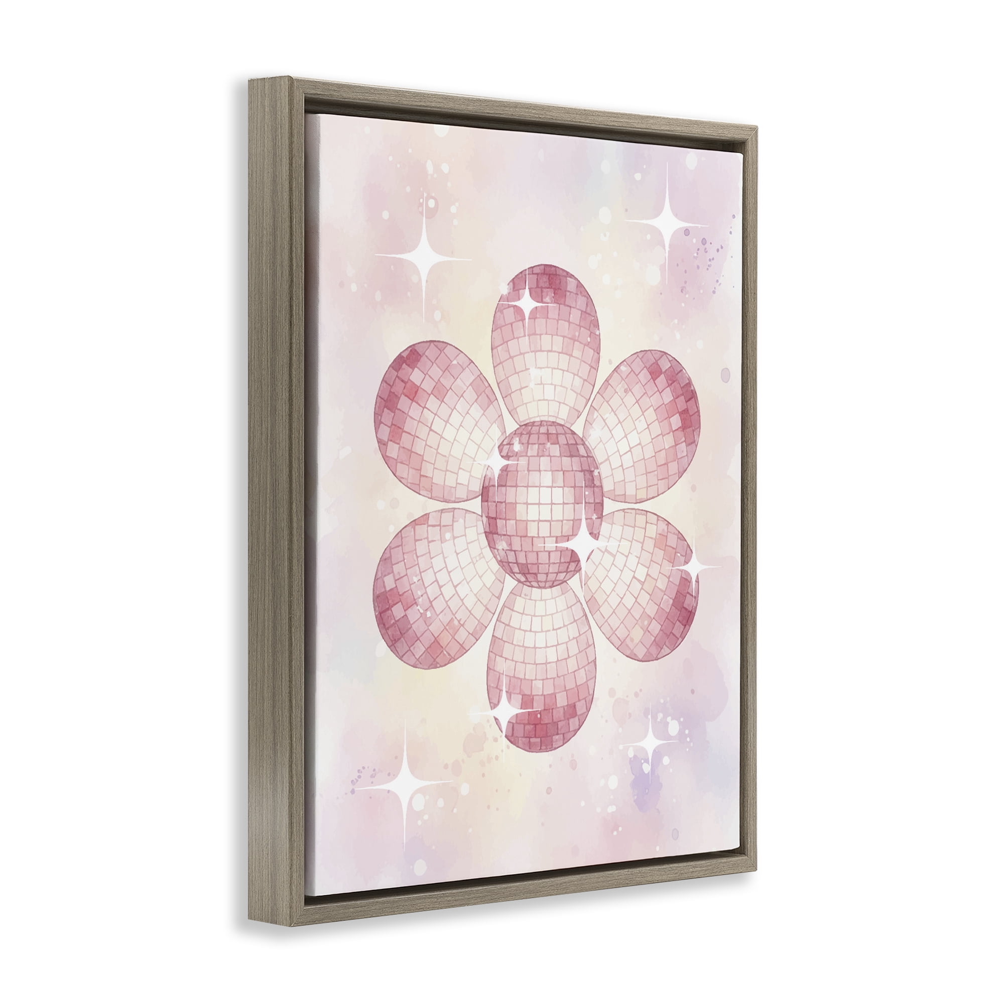 Stupell Industries Dreamy Pink Disco Ball Flower Brown Framed Floater Canvas Wall Art, design by Lil' Rue