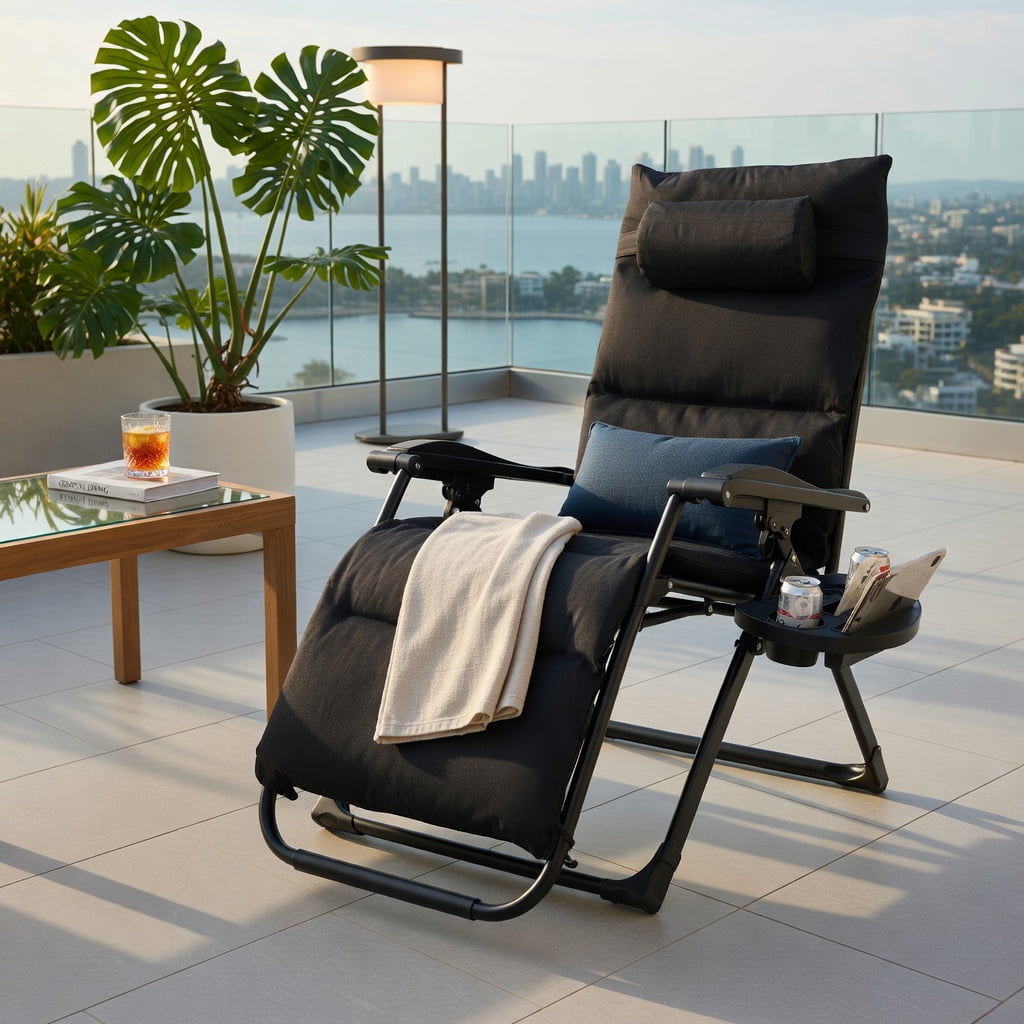 Hommoo Adjustable Zero Gravity Lounge Chair, Heavy-Duty Metal Frame, Removable Washable Cushion, Built-in Cup Holder Tray, Foldable for Indoor & Outdoor Use, Black