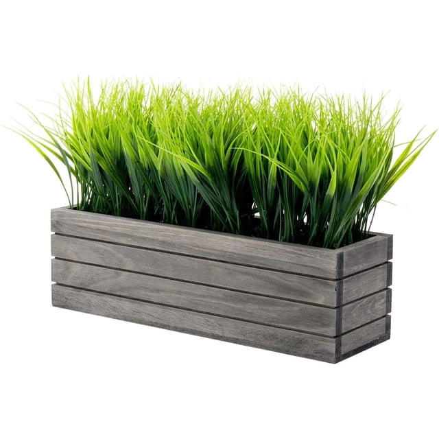 MyGift 14 Inch Artificial Green Grass Plant in Vintage Gray Wood Planter Window Box, Faux Greenery in Decorative Rectangular Crate Style Wooden Container