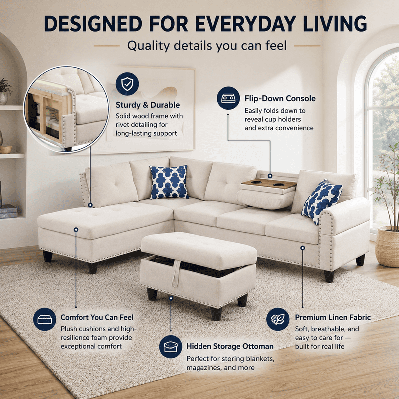 98" L-Shaped Sectional Sofa with Storage Ottoman, 4-Seat Linen Upholstered Modular Couch with Left Chaise, Drop-Down Backrest with Cup Holders, Nailhead Trim, 3-Piece Sofa Set for Living Room, Office