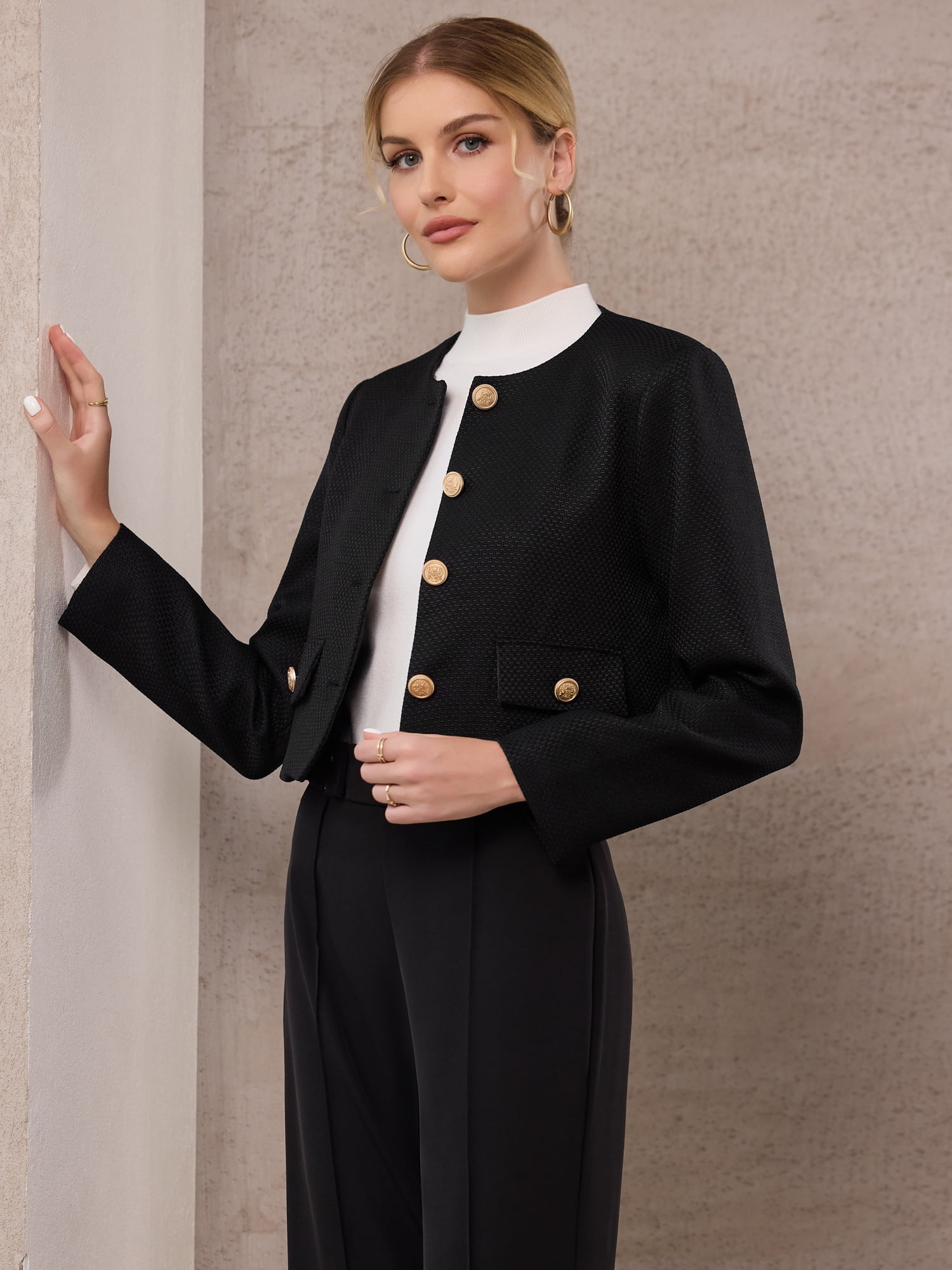DARING DIVA Women's Tweed Short Jacket Collarless Office Cropped Blazer L Black