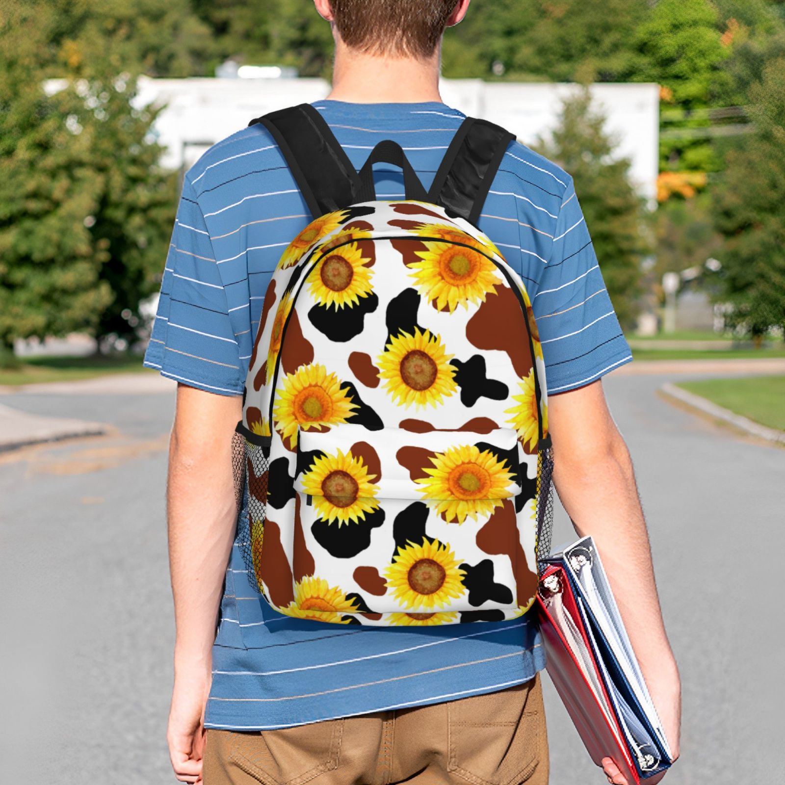 Rateoe Cow Print Sunflower Pattern Student Backpack Water-resistant Backpack 15-inch Laptop Backpack Lightweight Adjustable School Backpack