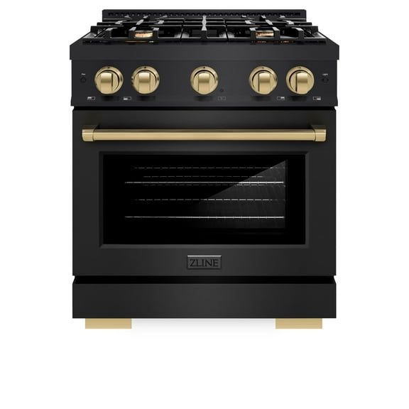 ZLINE Autograph Edition 30 in. 4.2 cu. ft. Gas Range with 4 Burner Cooktop and Convection Gas Oven in Black Stainless Steel and Champagne Bronze Accents (HGRBZ-30-CB)