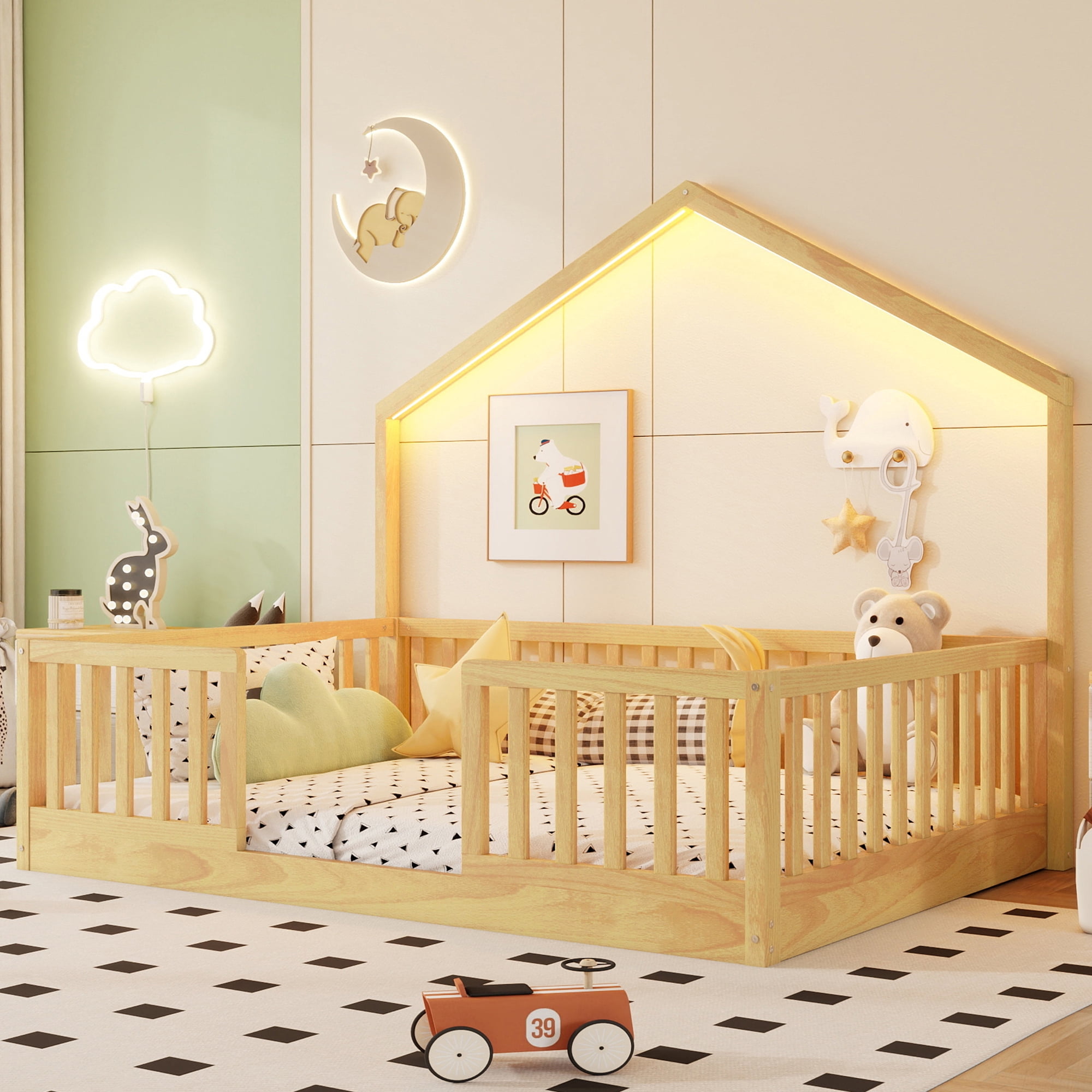 Euroco Wood Full Size Floor Bed with LED Light, Natural