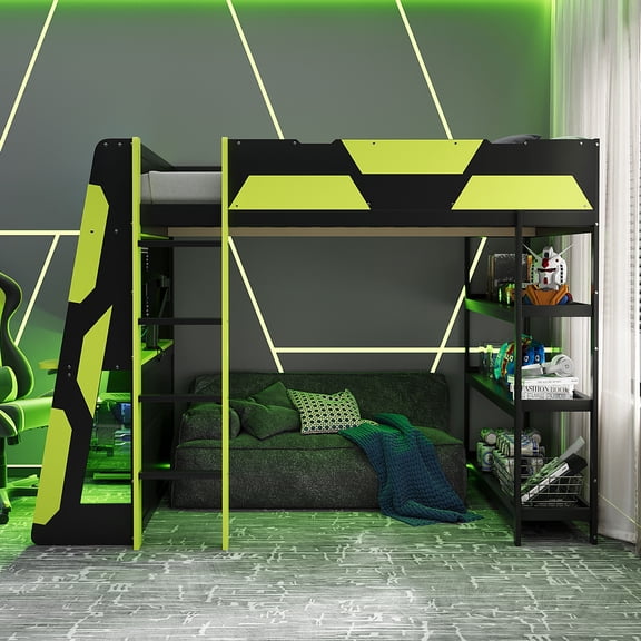 Full Size Gaming Loft Bed with Desk, Shelves & LED Lights, Black Green