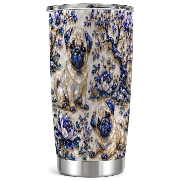 Pug Puppy Crystal Tumbler 20 oz, Botanical Dog Travel Cup, Blue Blossom Drinkware with Scenic Floral Artwork, Stainless Steel Mug for Cute Animal Coffee Lovers Daily