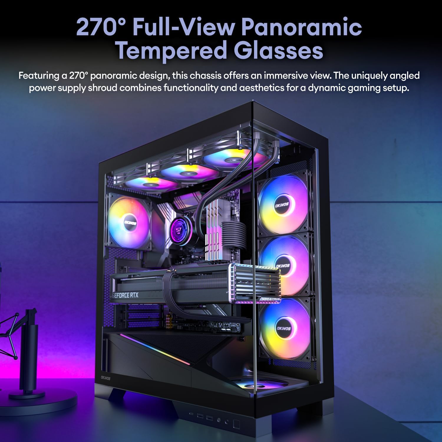 Okinos AQUA 9 ARGB, ATX PC Case, 5 x 120mm ARGB PWM Fan Pre-Installed, Support Top & Side Dual 360mm Radiator, Back-Connect Motherboard Compatible, Mid Tower PC Case, Type C Port, Black