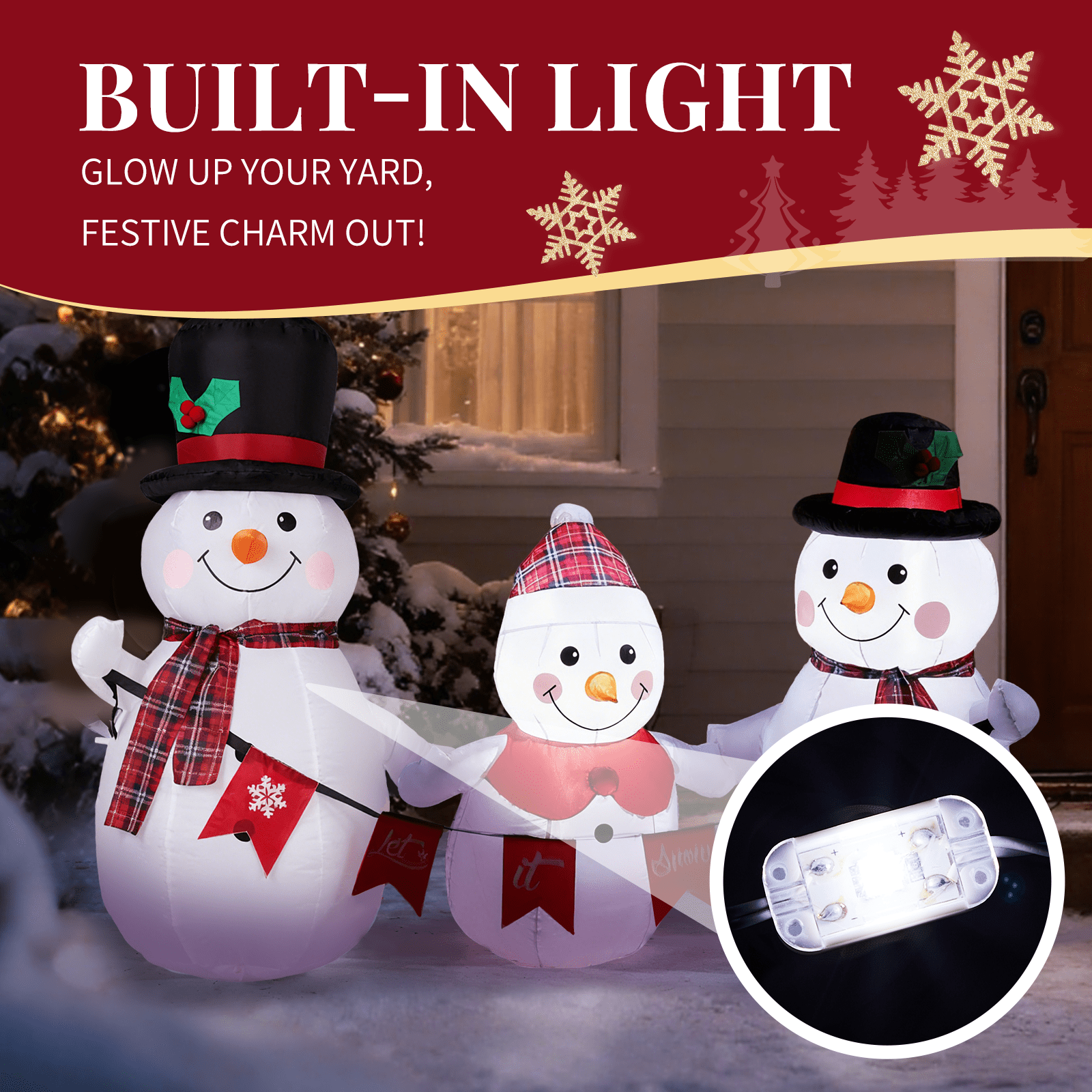 Astoutdoor Lighted Christmas Inflatable Decoration, Snowman Family with Bunting, Built-in LED Lights, 72.8 x 29.5 x 49.2 in