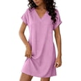 thumbnail image 2 of cocolona Women Linen Dress Summer Casual Loose V Neck Short Sleeve T-shirt Dress Beach Vacation Mini Dress, 2 of 7