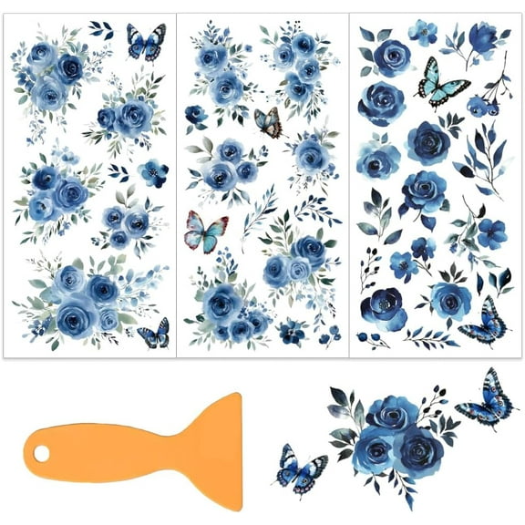 3Pcs/Set Blue Rose Rub on Transfers for Furniture and Craft 6x12 Inch Watercolor Floral Furniture Decal Transfer Stickers Rub on Decal with 1pc Scraper for Scrapbook Window Home Decoration Colorful
