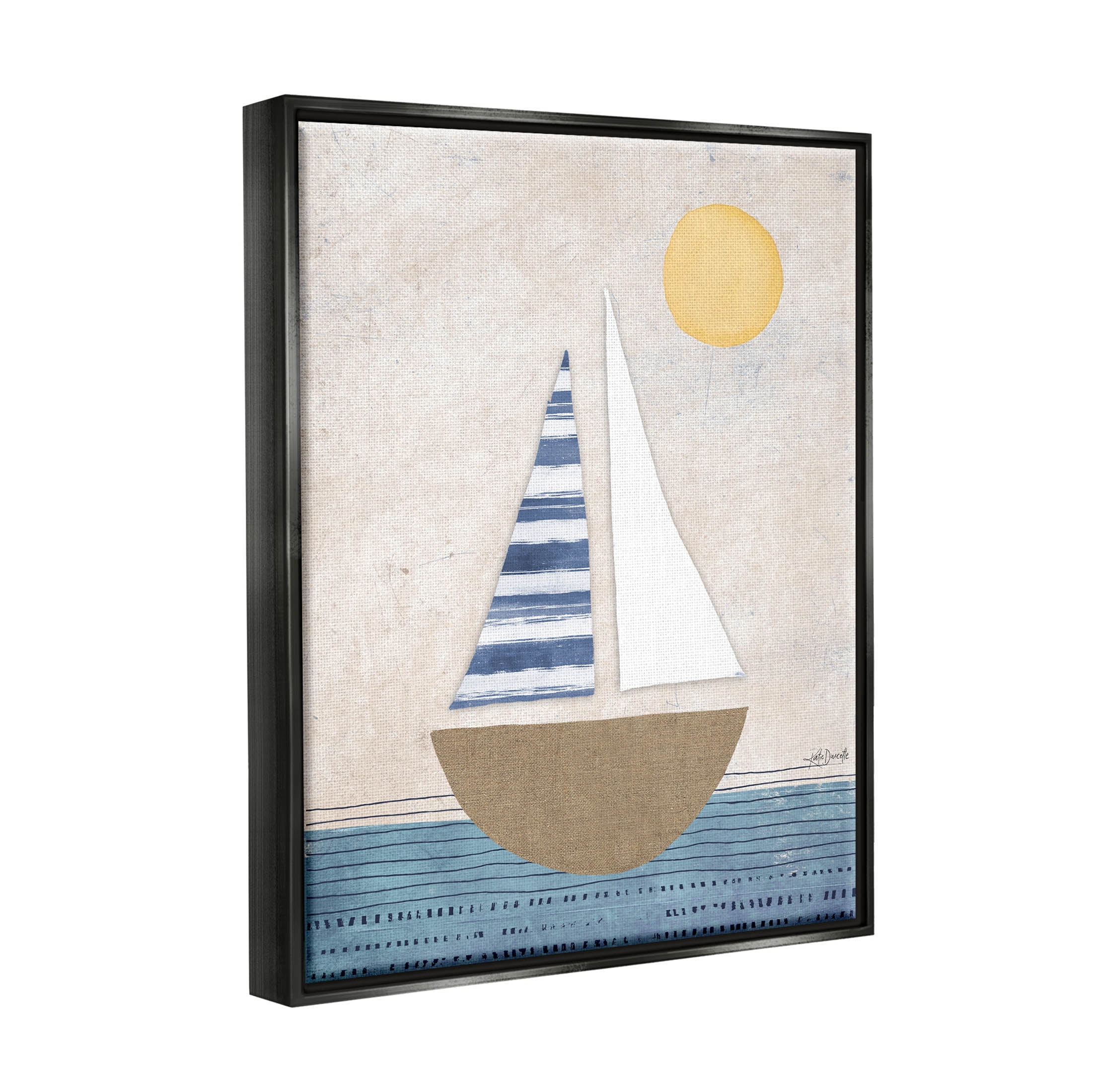 Stupell Industries Geometric Sailboat Striped Ocean Water Graphic Art Jet Black Floating Framed Canvas Print Wall Art, Design by Katie Doucette