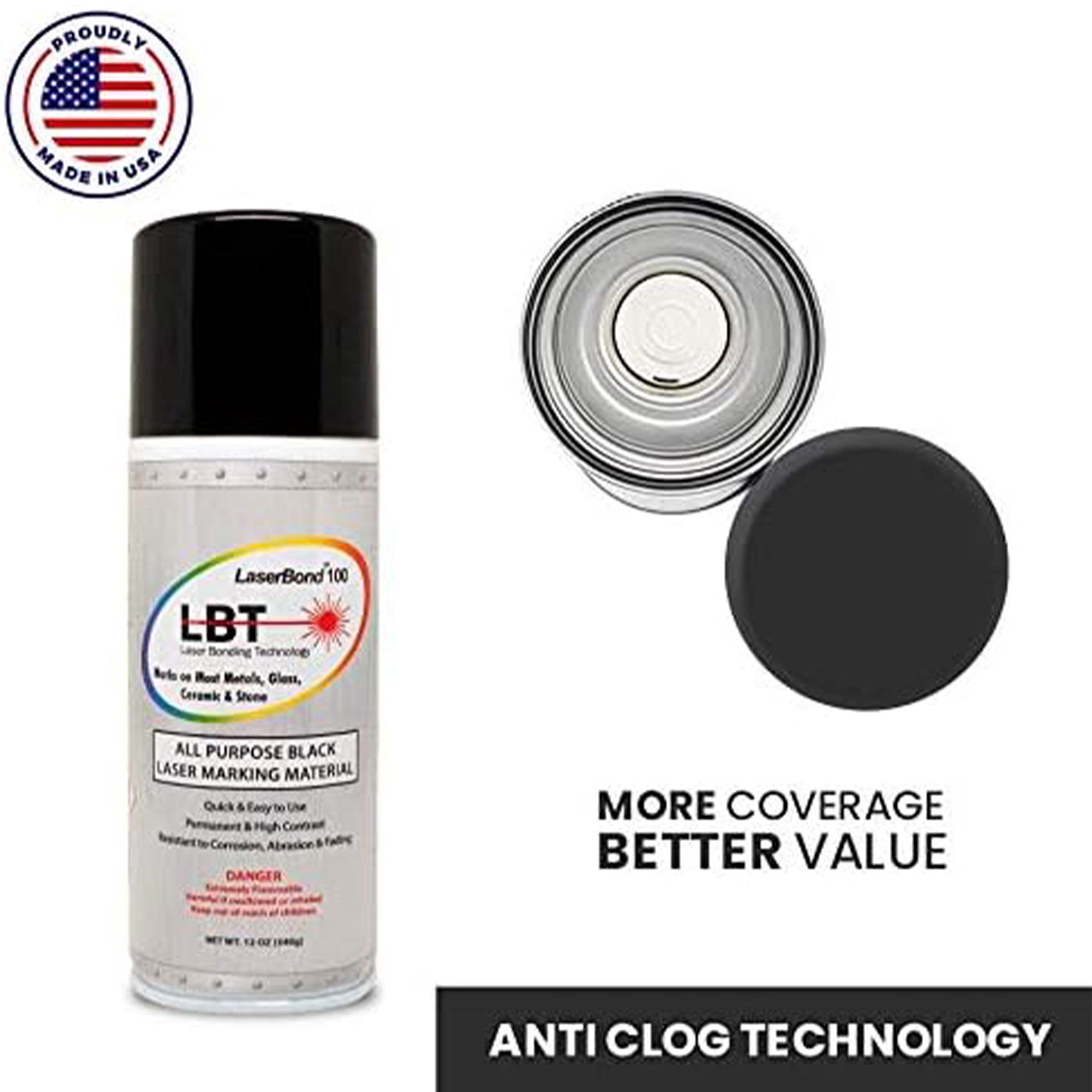 LaserBond 100 Aerosol Black Laser Marking Spray 12 oz, Compatible with CO2 Fiber Diode and YAG Laser Engravers, Permanent Marks on Metal Glass Stone and Ceramic