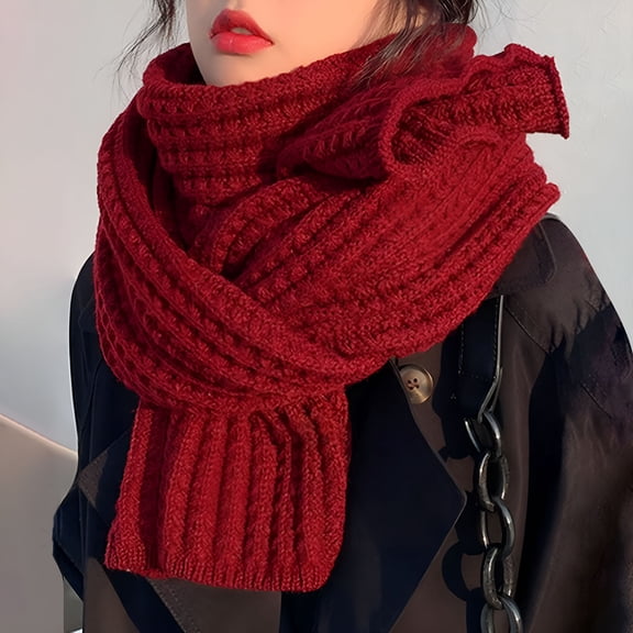 TELOLY Winter Warm Knit Scarves Soft Warm Scarf Neck Warmer for Women Girls Women's Solid Color Knitted Wool Scarf Red One Size