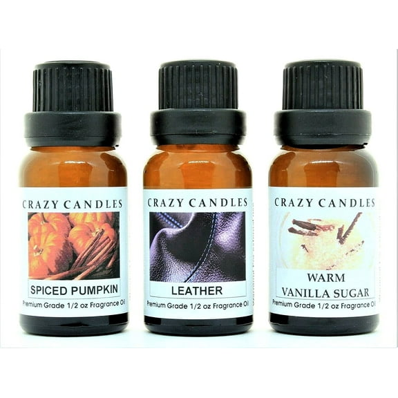 Crazy Candles 3 Bottles Set, 1 Leather, 1 Spiced Pumpkin, 1 Warm Vanilla Sugar 1/2 Fl Oz Each (15ml) Premium Grade Scented Fragrance Oils (MADE IN USA)