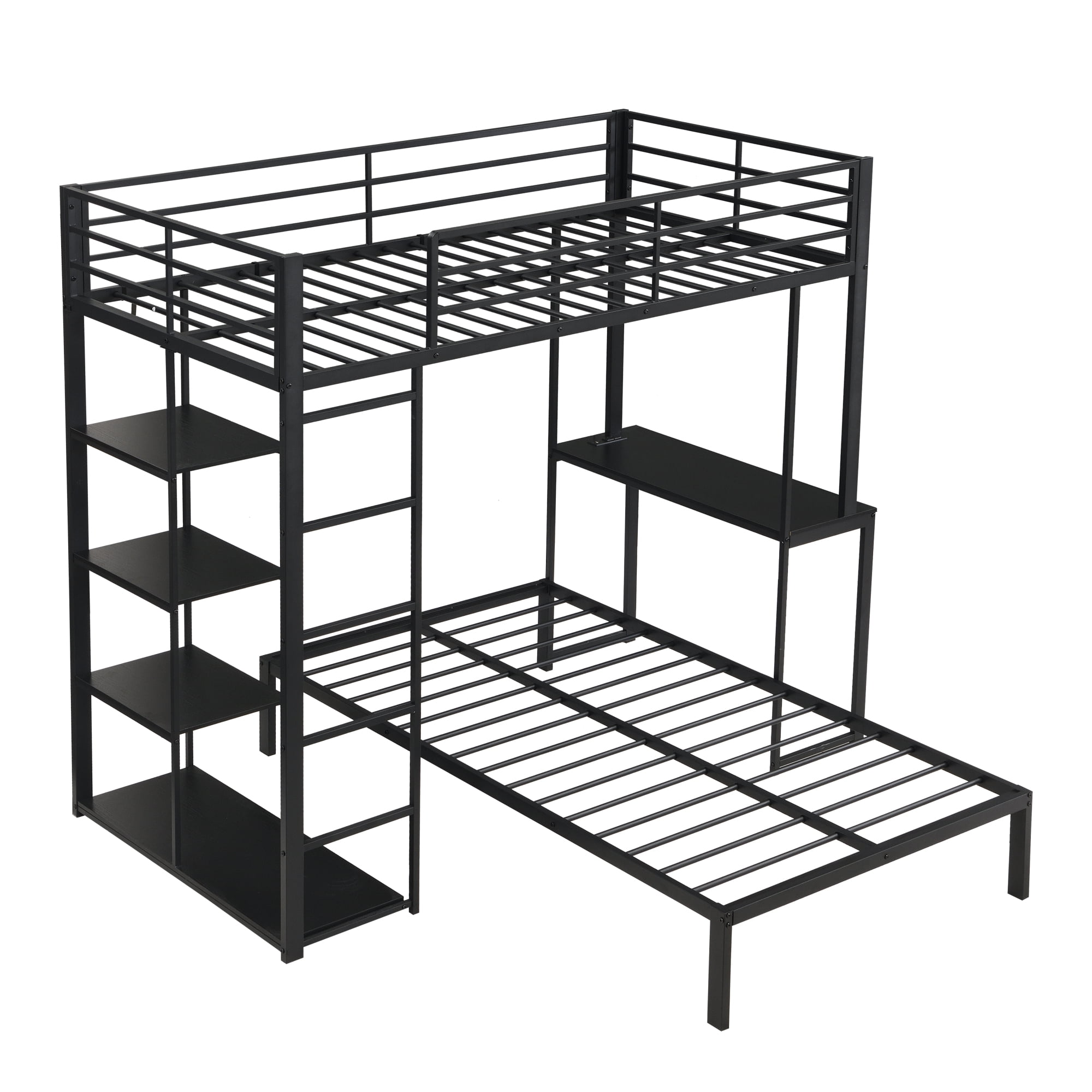 Leumius Twin over Twin Metal Loft Bed Frame with LED Light Strip, Side Storage Shelves & Built-in Desk, Metal Bunk Bed for Dorm Apartment Guest Room