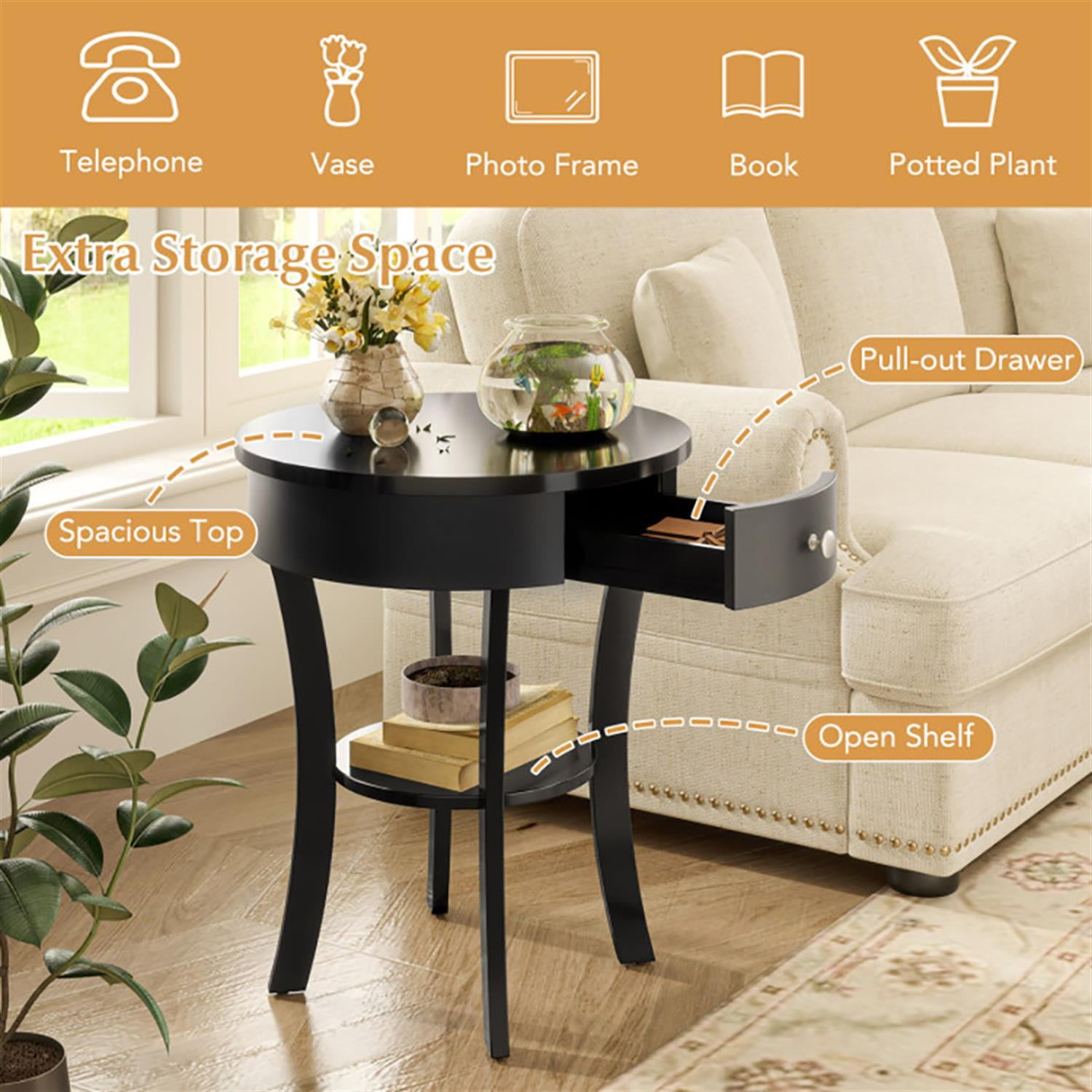 Demi Bonn Wood Sofa Side Table, 2-Tier Round End Table with Open Drawer, Nightstand for Small Spaces, Living Room, Bedroom, Black