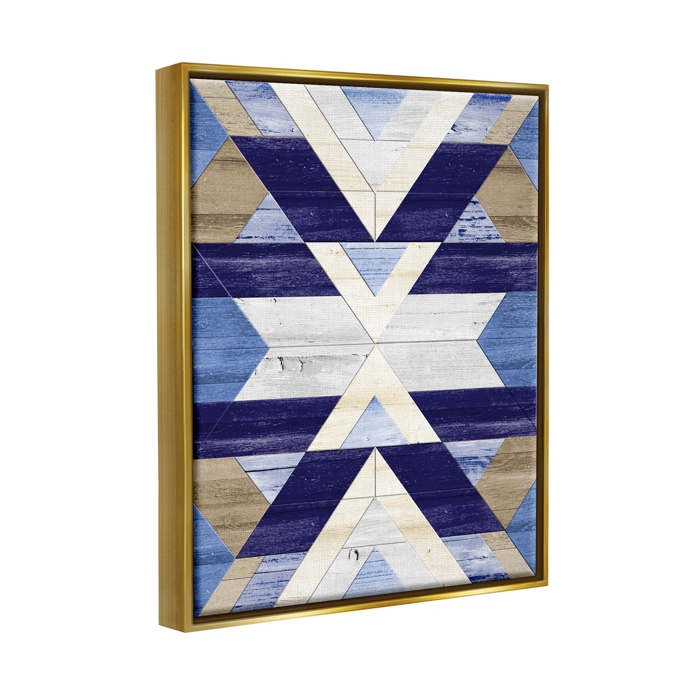 Blue Rustic Aztec Pattern Abstract Graphic Art Metallic Gold Framed Art Print Wall Art
