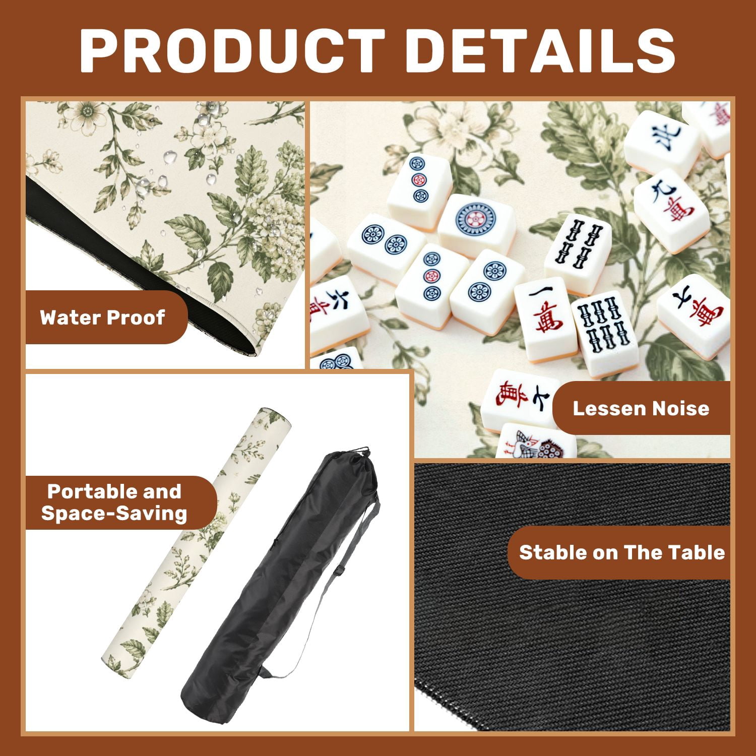 Mahjong Mat 31.5" x 31.5" Vintage Botanical Birds Flowers Green Monochrome Non-Slip Noise Reduction American Mahjong Tiles Table Cover for Dominoes Poker Card Board Games Gift