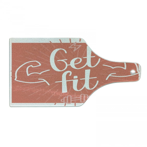 Fitness Cutting Board, Get It Lettering with Bodybuilder Man Arms Biceps Be Strong Achievement, Decorative Tempered Glass Cutting and Serving Board, Wine Bottle Shape, Coral and White, by Ambesonne