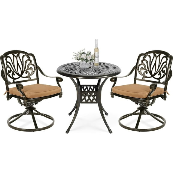 VIVIJASON 3-Piece Patio Furniture Dining Set, Outdoor All-Weather Cast Aluminum Bistro Set, Include 2 Swivel Chairs and 31" Round Table w/Umbrella Hole for Balcony, Lawn, Garden, Antique Bronze