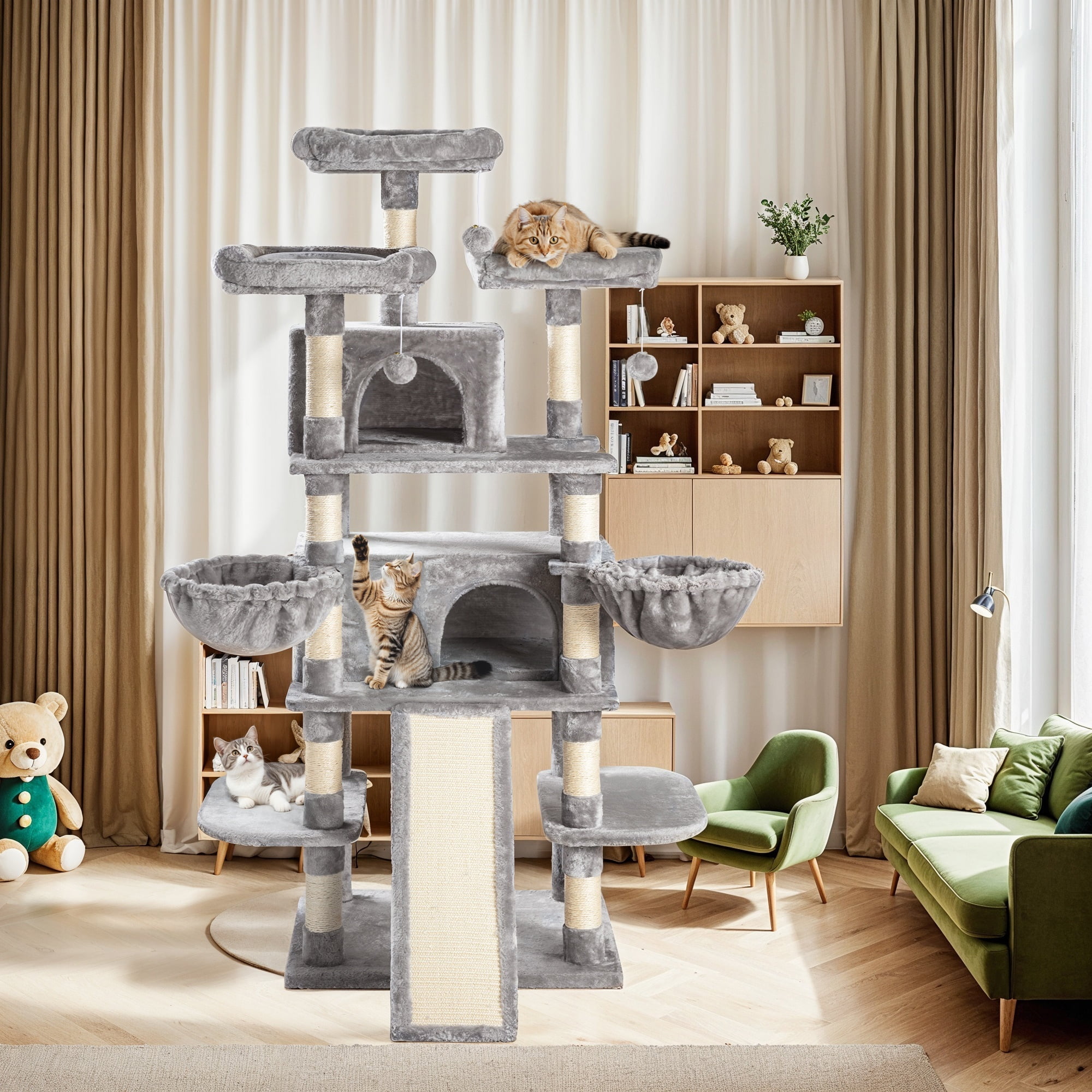Allewie 68" Multi-Level Large Cat Tree and Tower with Cat Condo House, Scratching Posts & Board, Gray