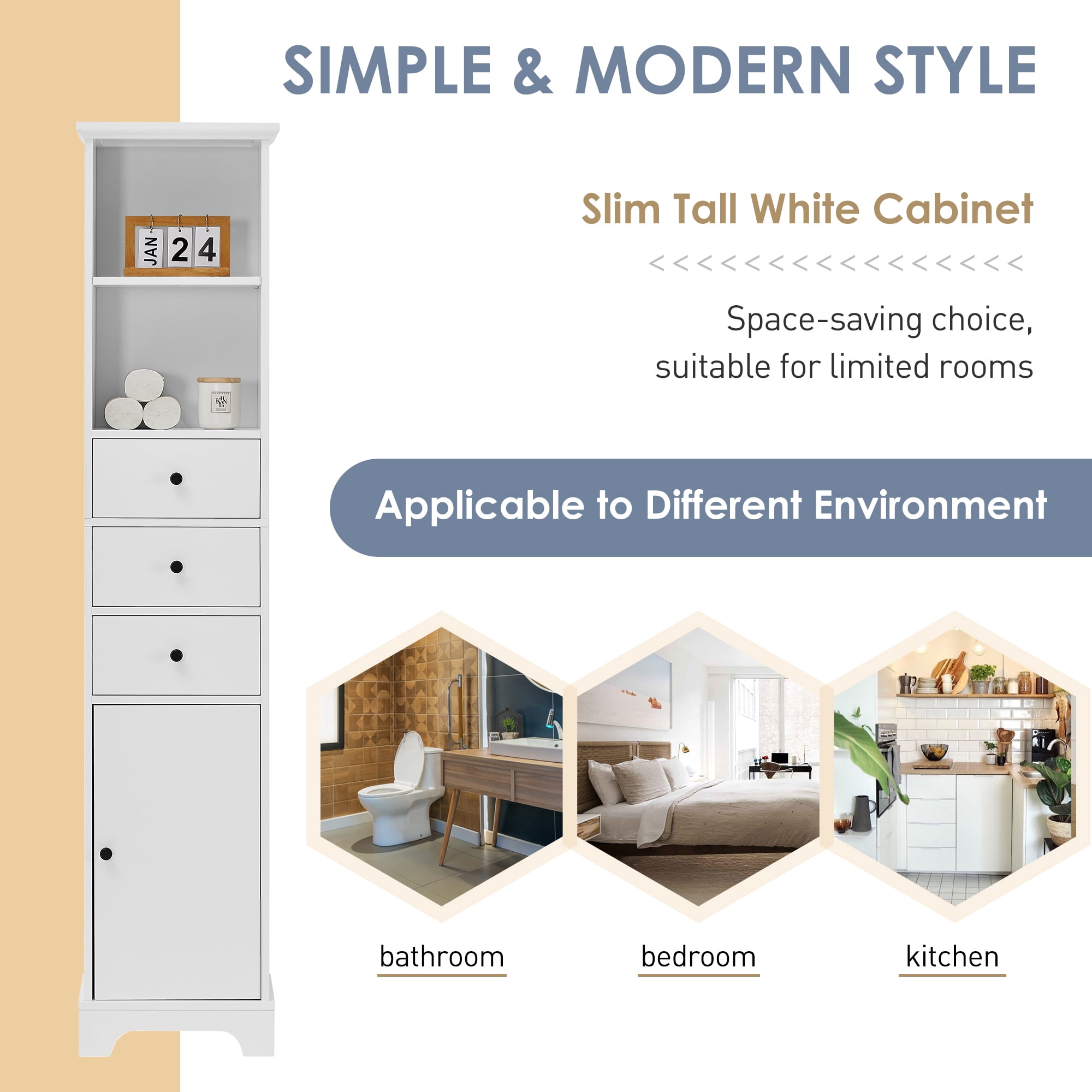 EUROCO Bathroom Storage Cabinet,Wood Linen Cabinet, Narrow Tall Cabinet Storage Tower with Adjustable Shlef,Door and 3 Drawers,Painted Finish, White