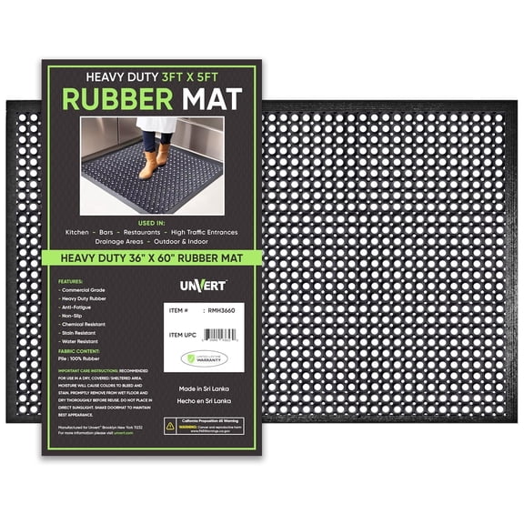 Heavy-Duty Commercial Rubber Anti-Fatigue Drainage Floor Mat, Non-Slip Indoor Outdoor, 36 x 60 in, Black