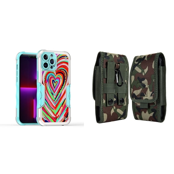 Case and Pouch Bundle for iPhone 14 Pro Max: Heavy Duty Armor Rugged Case (Abstract Love Hearts) and Vertical Rugged Nylon Belt Holster (Green Camo)