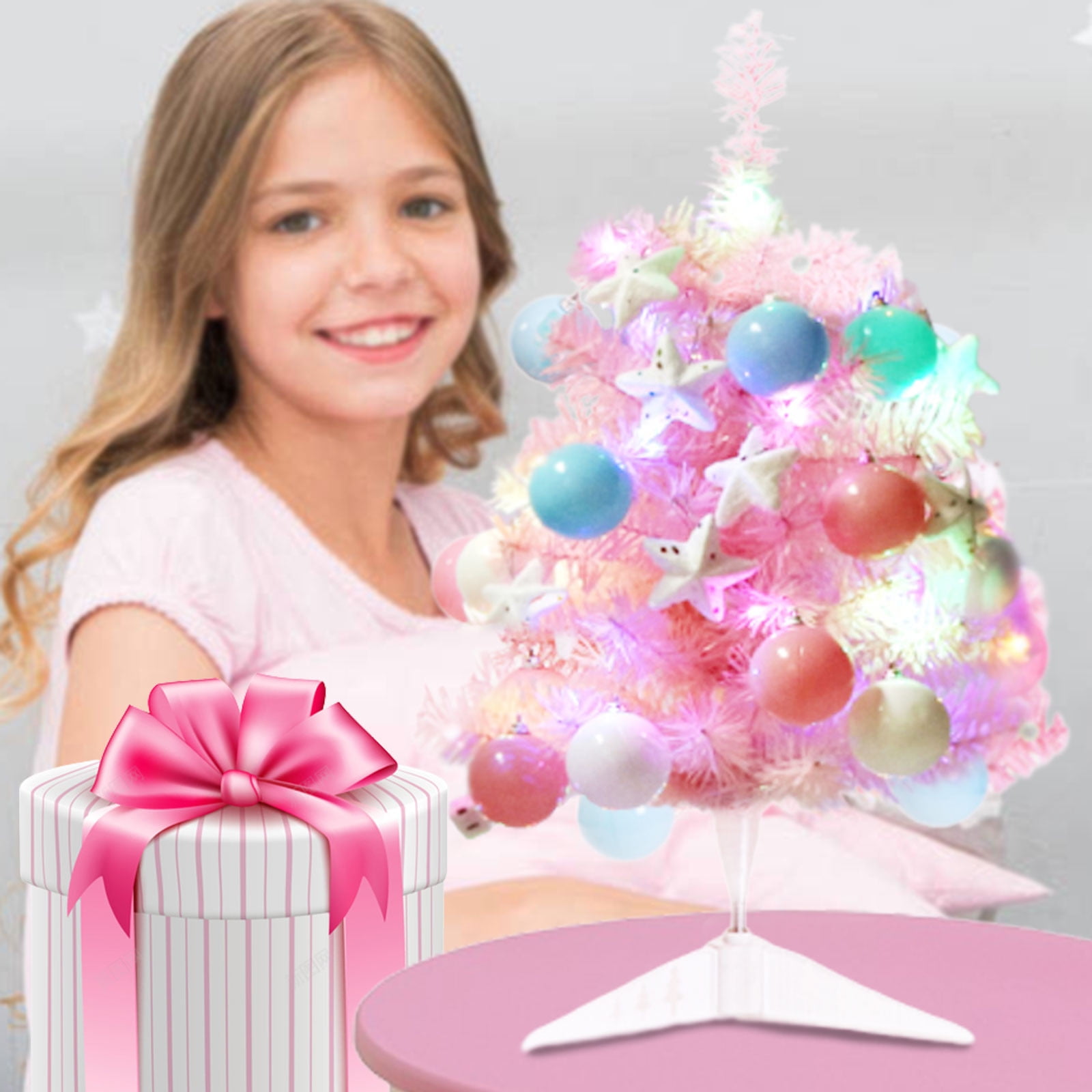 Kttectoa Back to School Savings Christmas Tree Girls 24 Inch Tabletop Mini Artificial Christmas Tree Girls DIY Christmas Tree with LED String Lights Hanging Ornaments Battery Pow Holiday Deals Walmart...