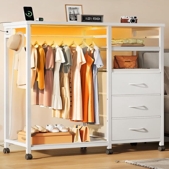Black Dresser with Hanging Rack for Bedroom, 3 Drawer Dresser with LED Lights & Charging Station, Fabric Dressers & Chest of Drawers, Storage Organizer with Open Shelves for Living Room