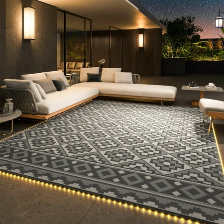 SIXHOME Outdoor Rug with LED Strip Light 9 x12 Waterproof Reversible Patio Rug Modern Lightweight Plastic Straw Indoor Outdoor Rug for RV Camping Deck Balcony Porch Boho Patio Decor Light Gray