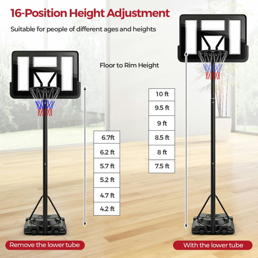 Demifill Portable Basketball Hoop with 9-Position Adjustable Height, Basketball Hoop with 44" Durable PET Backboard, Black