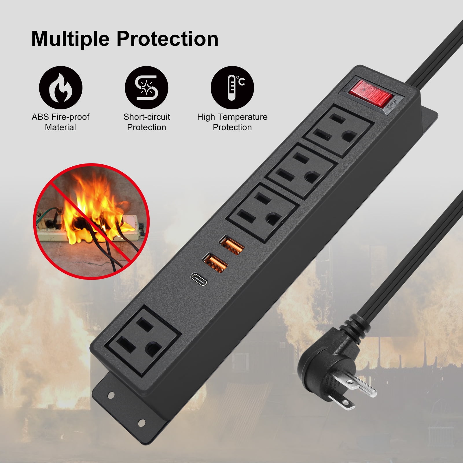 Wall Mount Power Strip USB C Fast Charge 20W 4 AC Outlets and 3 USB Ports