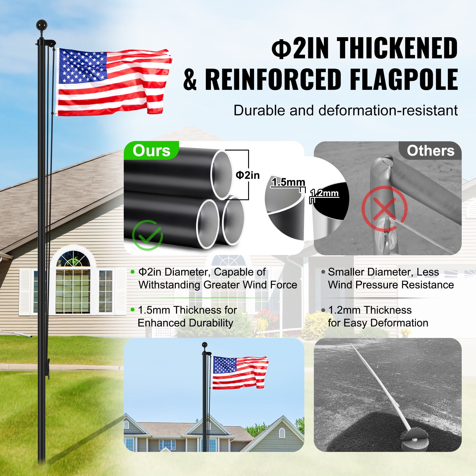 VEVOR 20FT Sectional Flag pole Kit, Heavy Duty Aluminum Alloy in Ground Flag poles for Outside, 3 Display Modes Flagpole with 3x5 American Flag, Professional Accessories, Black