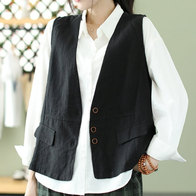 Mareep Blouses Sans Manches pour Femmes M-2TG Veste Ample en Coton Sergé Rétro