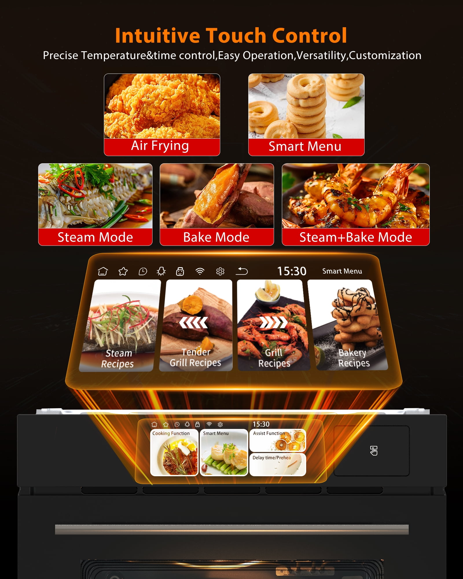 24'' Single Wall Oven, 2.5 Cu.Ft/70 L Electric Wall Oven with 4 Cooking Modes, Smart Recipes, Built-In Touch Control Large Capacity Wall Oven for Kitchen, 3000W, 240V, Black