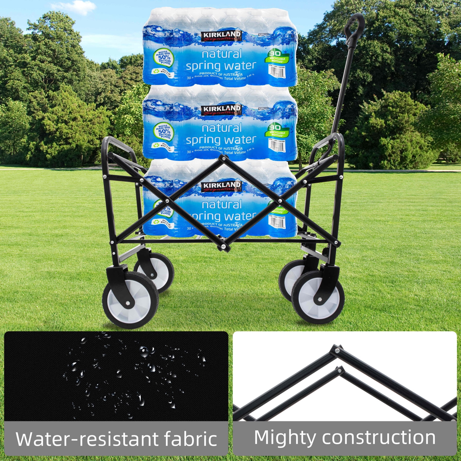 Utility Wagon Cart Foldable with Strapping System, Heavy Duty 225lbs Capacity, Lightweight Collapsible Design, Utility Cart, beach wagon with 360° Swivel Wheels for Beach, Camping, Shopping, Black