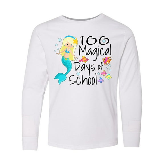 Inktastic 100 Magical Days of School with Blue Mermaid and Fish Long Sleeve Youth T-Shirt