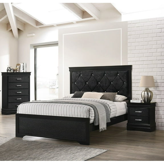 Modern 3pc Full Size Panel Bed Chest Nightstand Set Solid Wood Black Wooden Bedroom Furniture