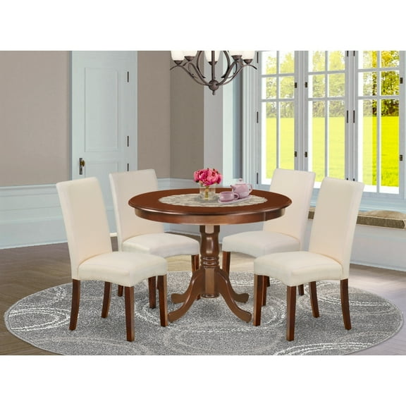 Round Dinette Set 5Pc - 42 Inch Table & 4 Parsons Chairs - Cream Linen Fabric - Mahogany Legs - Home Dining Room