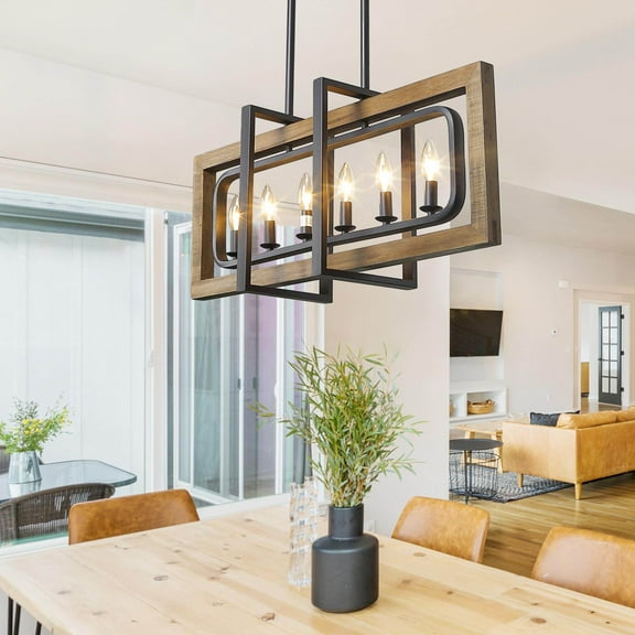 LNC 6-Light Wood and Black Iron Farmhouse Linear Kitchen Island Chandelier