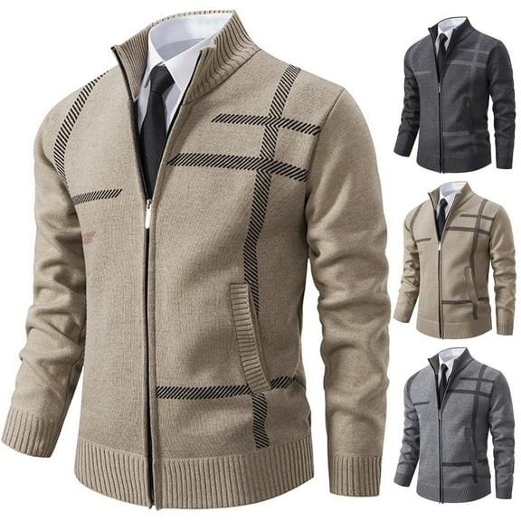 WRKEKC Men's Cardigan Knitted Outerwear Stand Collar Plaid Pattern Full Zipper Thickened Regular Fit Soft Warm Cozy Stylish Versatile Winter Casual Everyday Wear