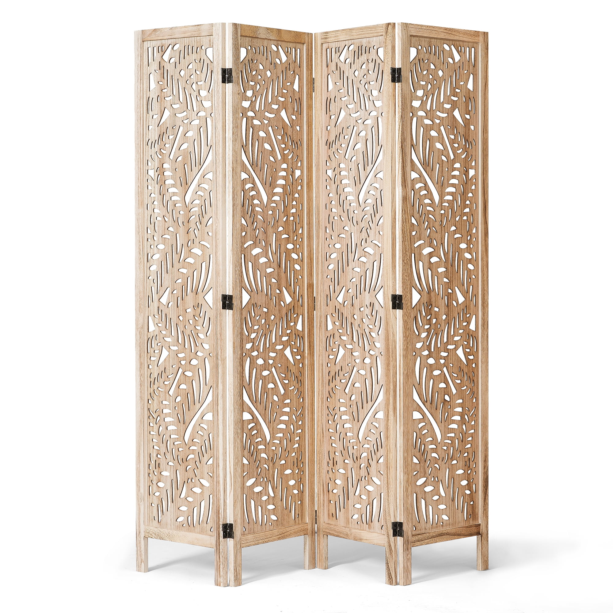 Jostyle 4 Panel Solid Wood Room Divider Privacy Screen - Freestanding Folding Partition with Leaves Openwork Design, Paulownia Wood Frame Natural, No Assembly for Living Room, Bedroom, Office