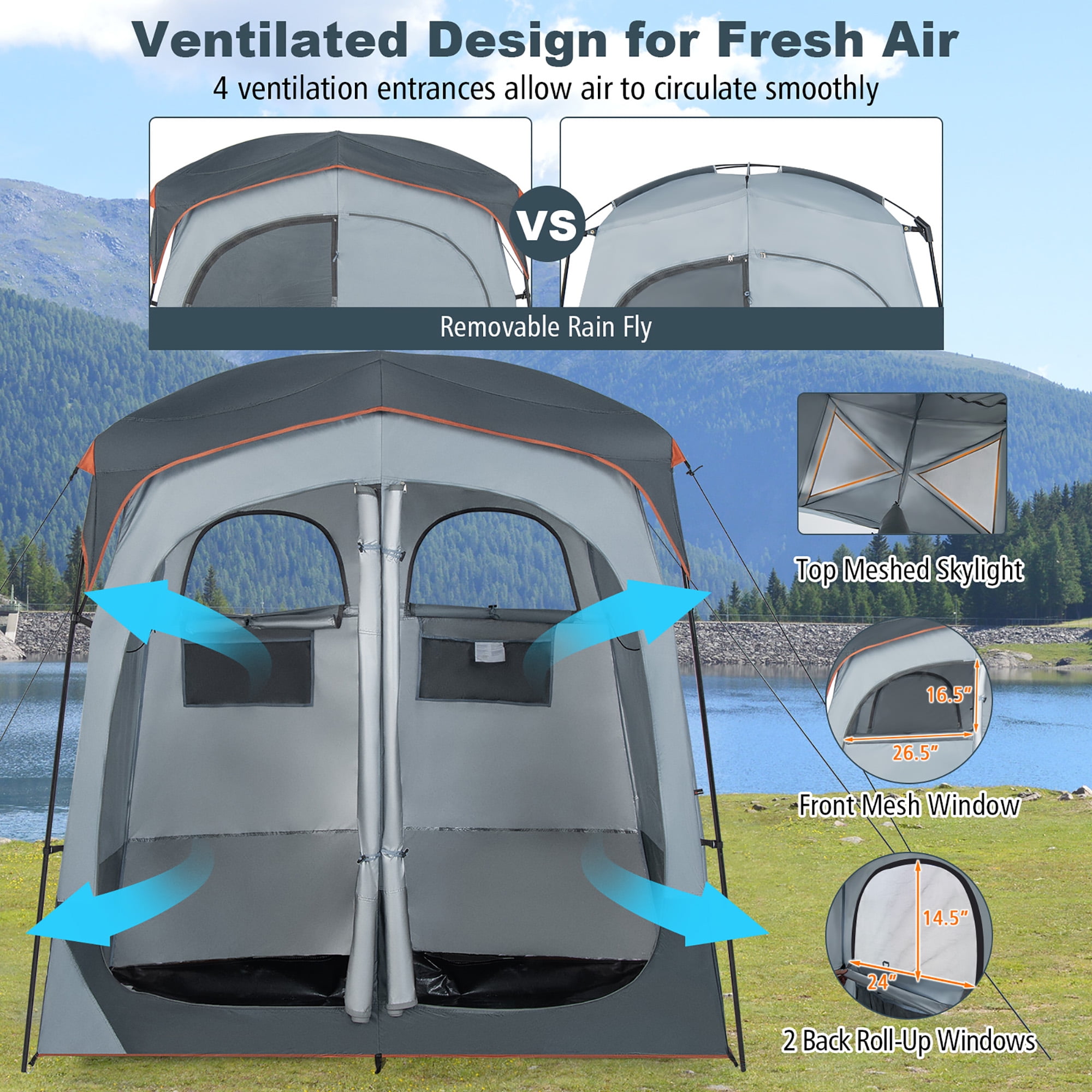 Costway 2 Room Shower Tent Oversize Privacy Shelter Portable Dressing Toilet Outdoor Gray