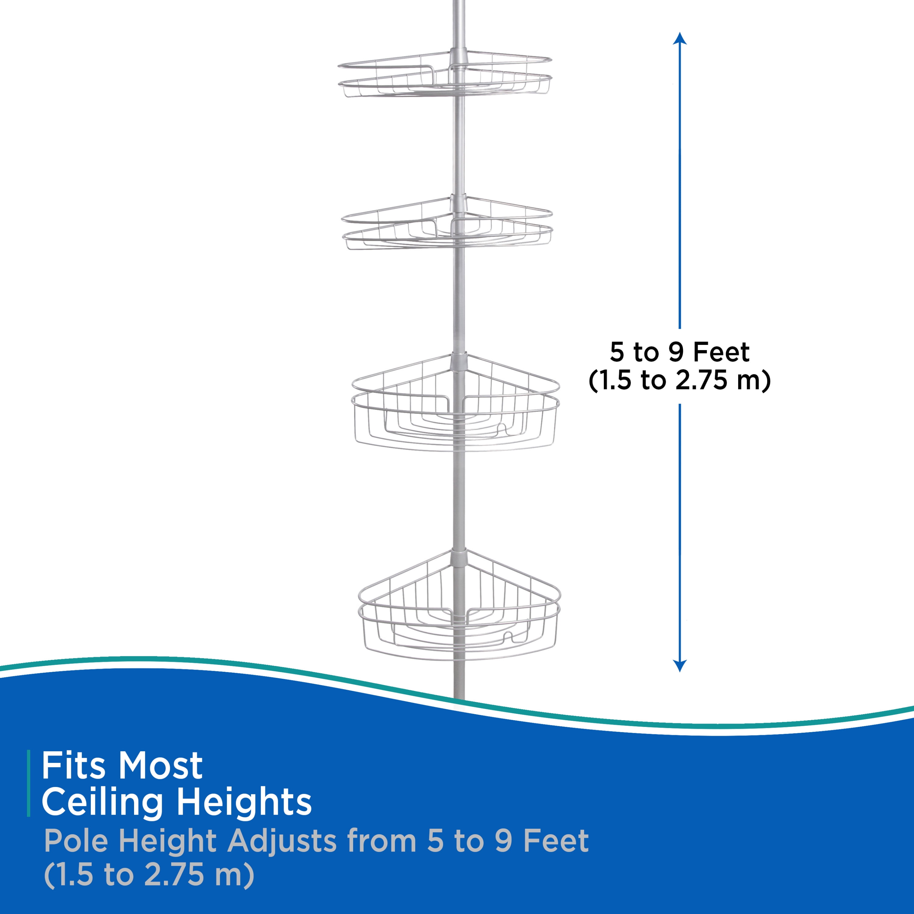 Kenney® 4-Tier Spring Tension Shower Corner Pole Caddy with Razor Holder, Satin Nickel