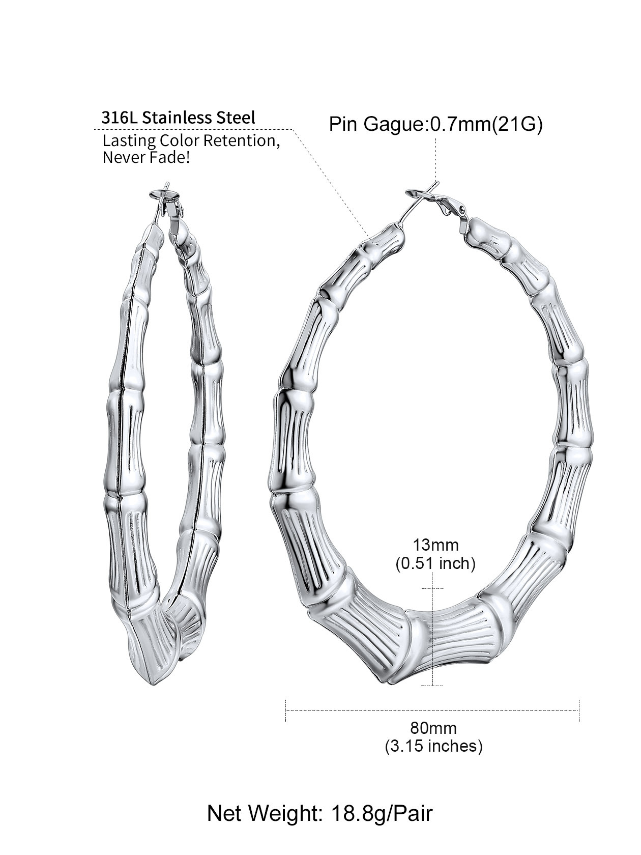 ChainsHouse Bamboo Hoop Earrings for Women Silver Hypoallergenic Chunky Earring Stainless Steel Birthday Christmas Anniversary Jewelry Gift