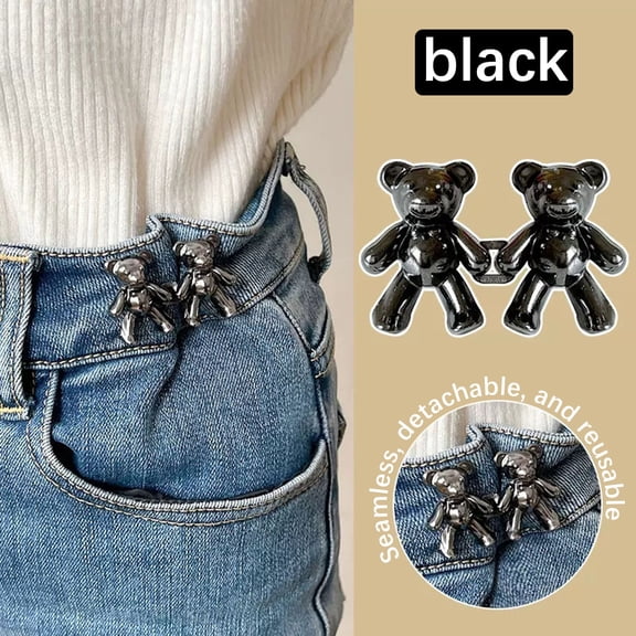 Bear Shaped Waist Tightener Buckle, Bear, Black, No-Sew Clothing Adjustment Clip for Jeans, Pants, Skirts, Dresses, Jackets and Everyday Fashion Accessories
