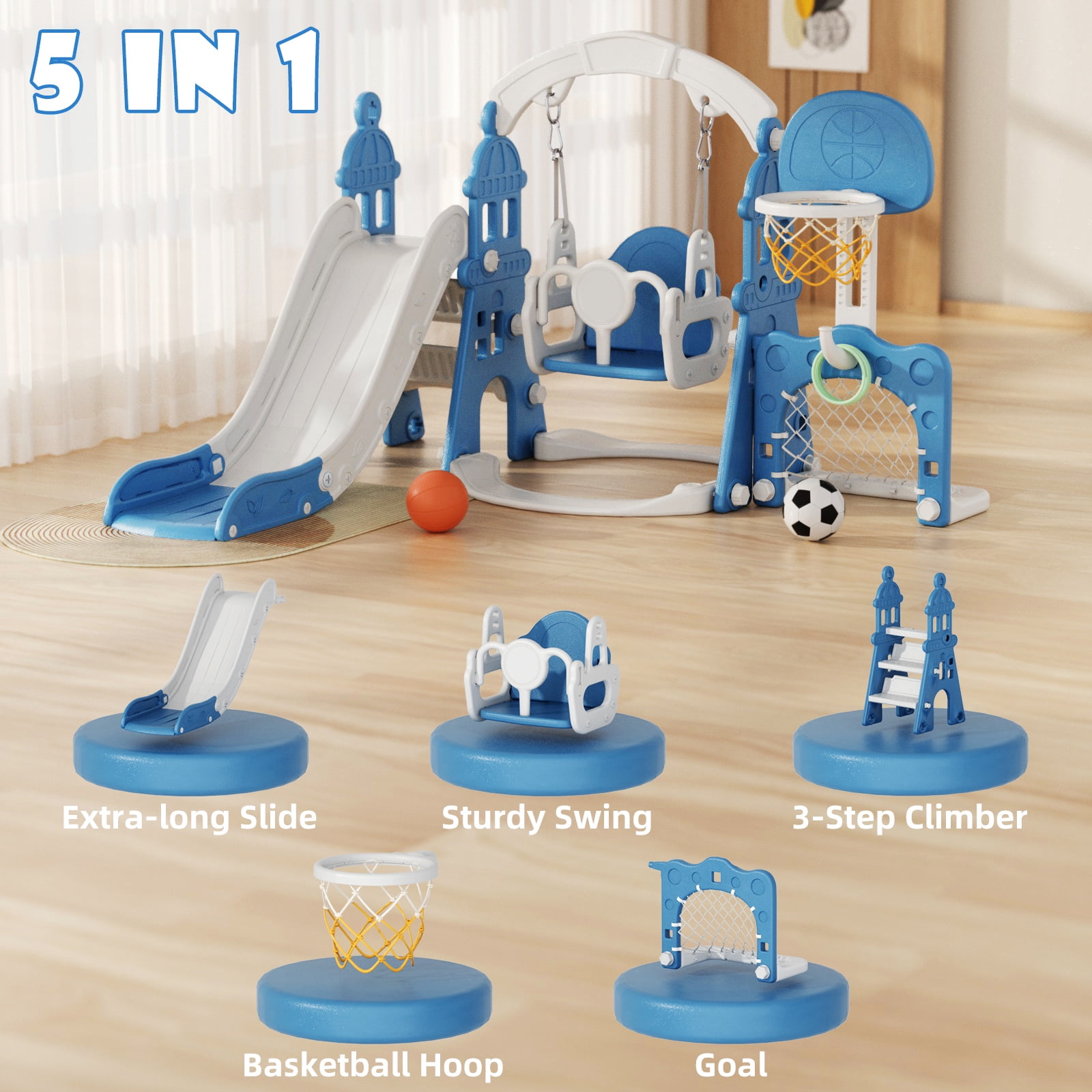 XJD 5 in 1 Kids Slide for Toddlers Age 1-3 Slide and Swing Set Climber for Children Baby Indoor Outdoor, Basketball Hoop, Football Gate, Playsets Playground Sets for Backyards, Blue