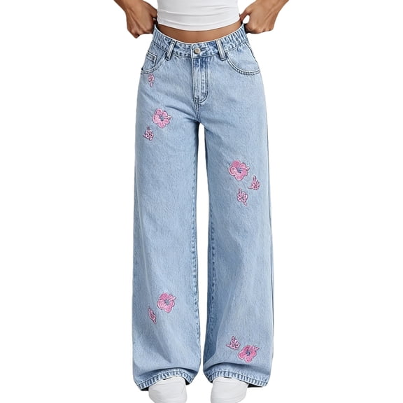 XXWXYD Tween Girls Wide Leg Baggy Floraπ
Embroidery Jeans Elastic Waist BoyπΏriend πΈπ€πͺ Streetwear Denim Pants Casual Loose Fit Trousers 8-14 Years